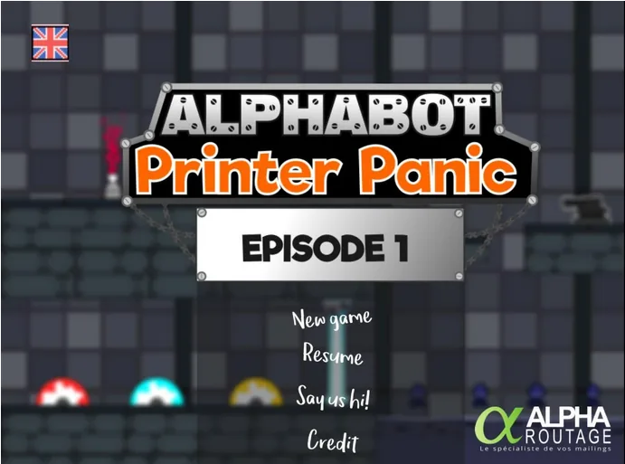Écran-titre d’AlphaBot Printer Panic, jeu publicitaire pour Alpha Routage